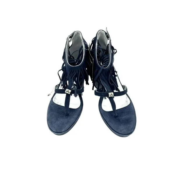 Andrea Morelli Navy Blue Suede Leather Fringe Wedge Sandals SZ 39 EU 8.5 US NIB