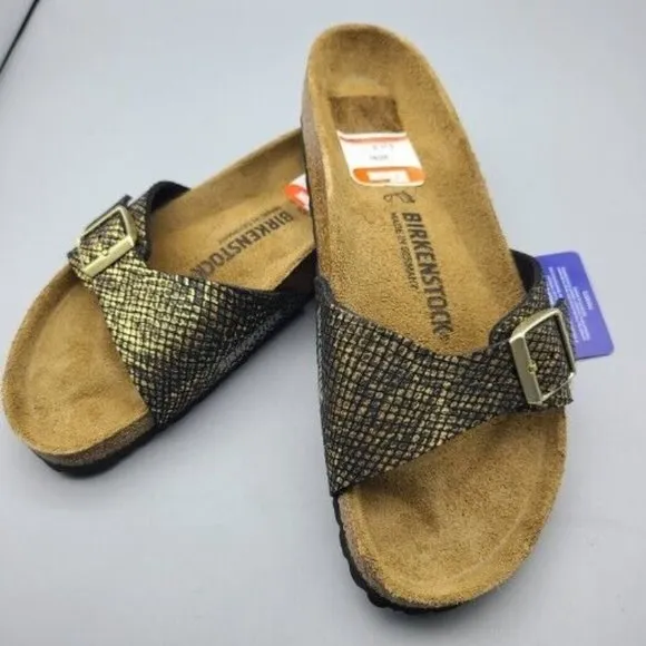 Birkenstock Sandals Madrid Shiny Python Black Women Buckle Slide NEW  US 7 38