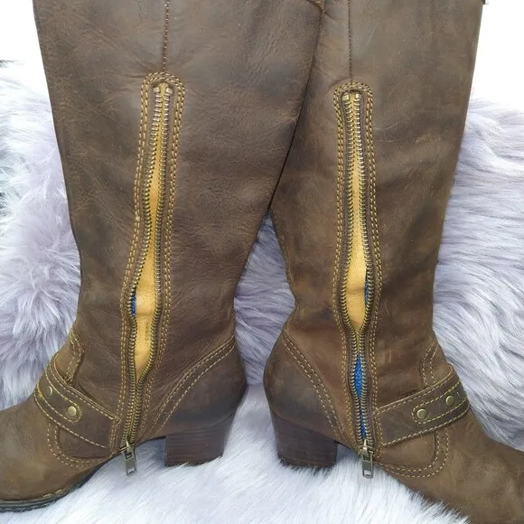 Born Leather Knee High Harness Boots Brass Studs Womens Size 6 Brown W62173