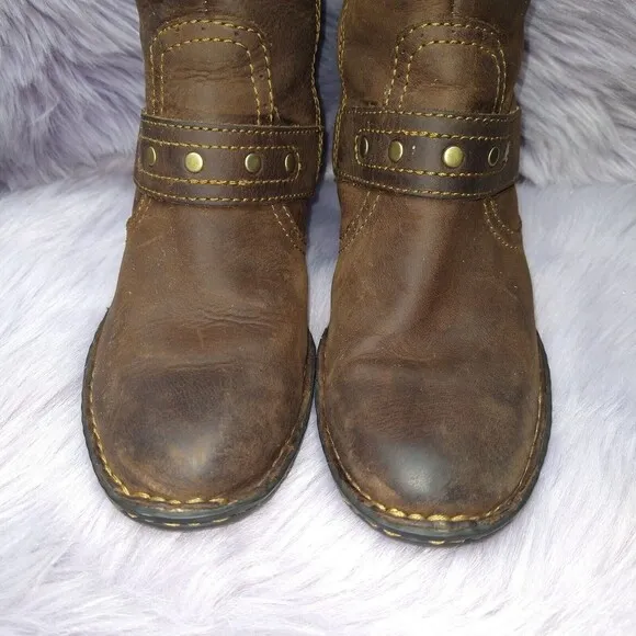 Born Leather Knee High Harness Boots Brass Studs Womens Size 6 Brown W62173