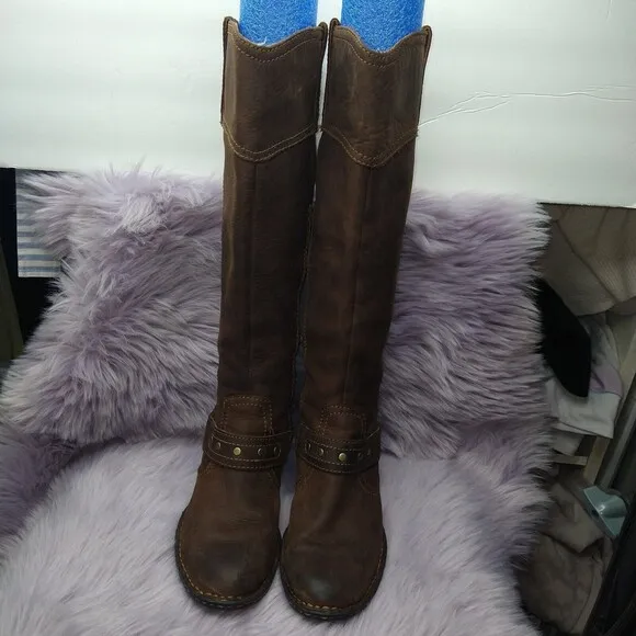 Born Leather Knee High Harness Boots Brass Studs Womens Size 6 Brown W62173