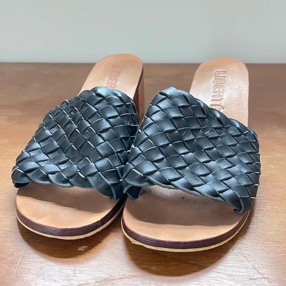 Classic Black Woven Slide Sandals Wooden Block Heel Leather Mules Liberté Sz 10