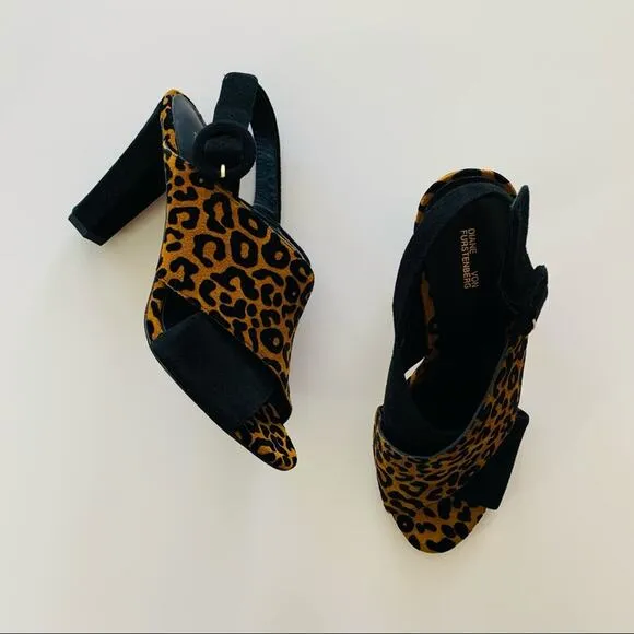 Diane von Furstenberg Baile Two-Tone Black and Leopard Print Heel Sandals sz 6