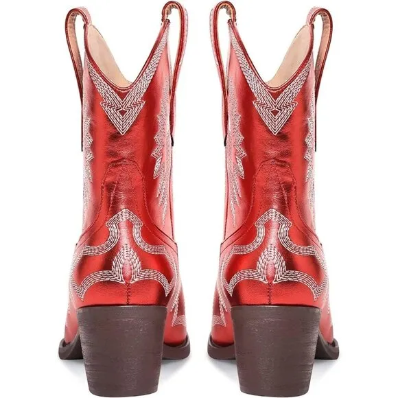 Embroidered Cowgirl Boots For Women Red Metallic Faux Leather Ankle Booties