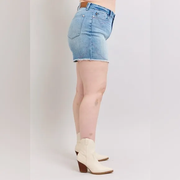 Judy Blue Full Size High Waist Western Embroidery Detail Cut Off Denim Shorts