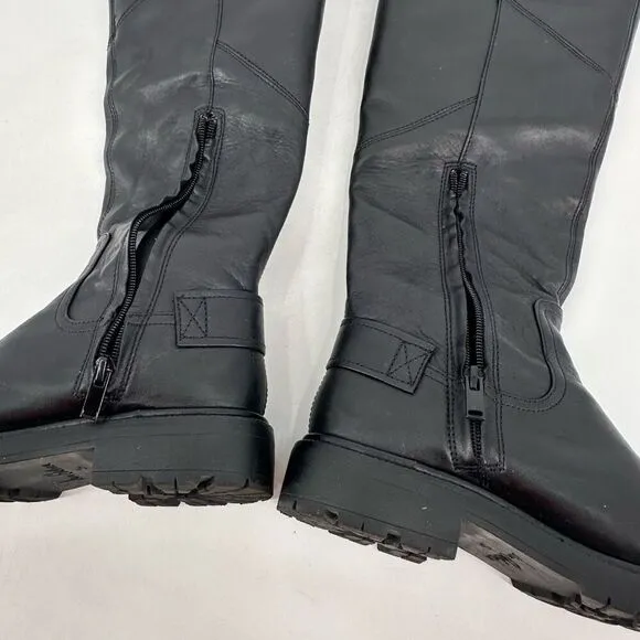 NWOT Sam Edelman Lacy Black Leather Motorcycle Boots Size 5.5 Zippers Moto knee
