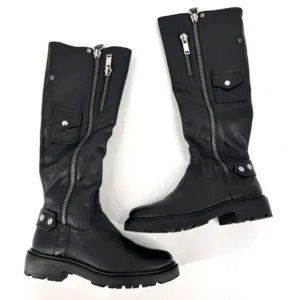 NWOT Sam Edelman Lacy Black Leather Motorcycle Boots Size 5.5 Zippers Moto knee