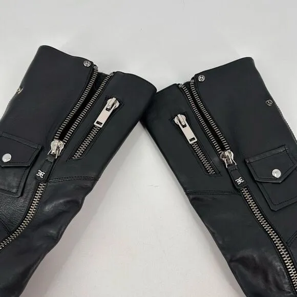 NWOT Sam Edelman Lacy Black Leather Motorcycle Boots Size 5.5 Zippers Moto knee