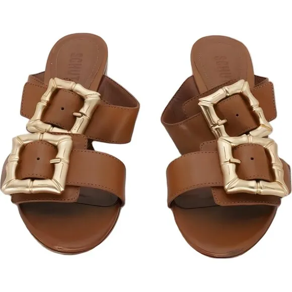 Schutz Enola Sporty Leather Slide Sandals Women's Brown 6.5