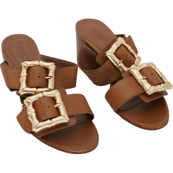 Schutz Enola Sporty Leather Slide Sandals Women's Brown 6.5
