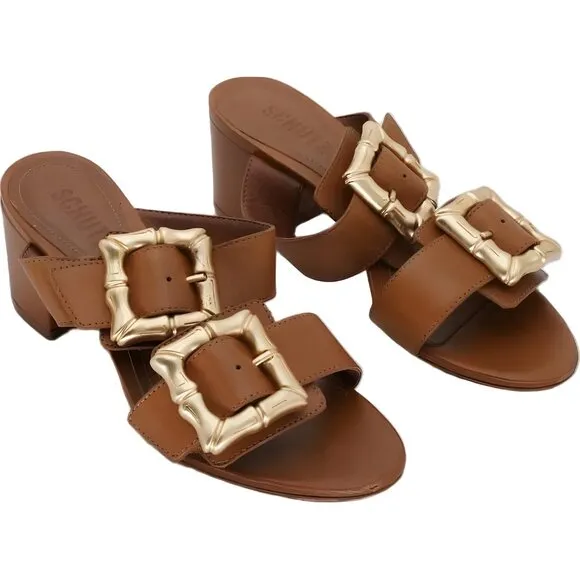 Schutz Enola Sporty Leather Slide Sandals Women's Brown 6.5