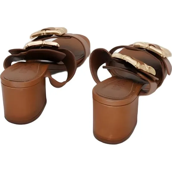 Schutz Enola Sporty Leather Slide Sandals Women's Brown 6.5