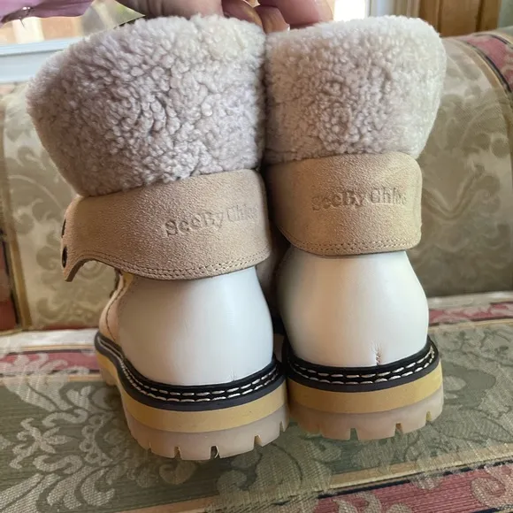 SEE BY CHLOÉ Eilieen shearling-lined suede and leather ankle boots. Size 11 US