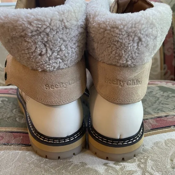 SEE BY CHLOÉ Eilieen shearling-lined suede and leather ankle boots. Size 11 US