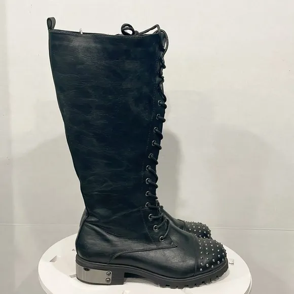 Torrid Womens Sz 9W Black Spiked Heeled lace up High Boots Faux Leather Goth
