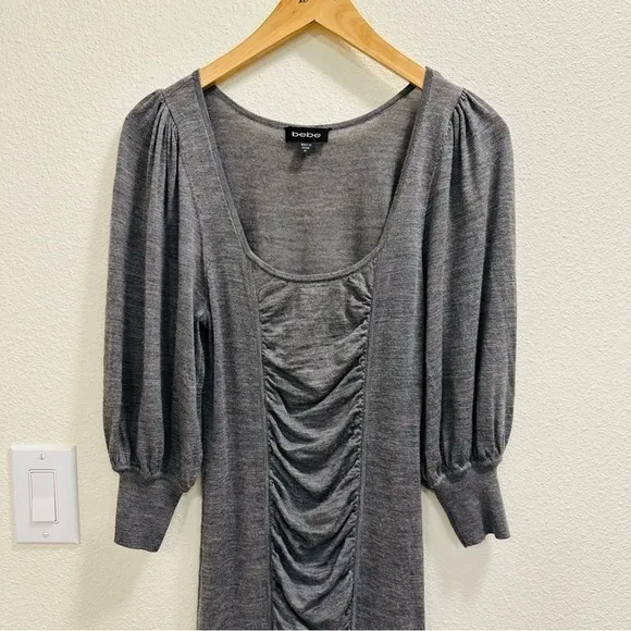 Vintage Y2K Bebe Gray scrunched Puff sleeves Sweater Dress Sz Medium grunge