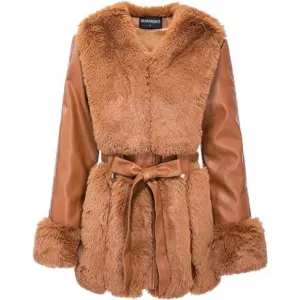 Women's Faux Leather Jacket with Faux Fur Collar Warm Winter Coat with Belt