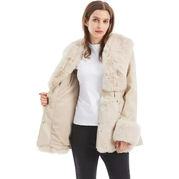 Women's Faux Leather Jacket with Faux Fur Collar Warm Winter Coat with Belt