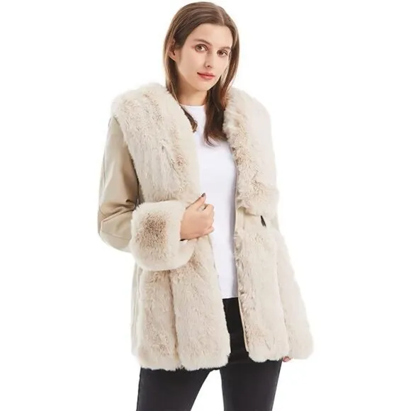 Women's Faux Leather Jacket with Faux Fur Collar Warm Winter Coat with Belt
