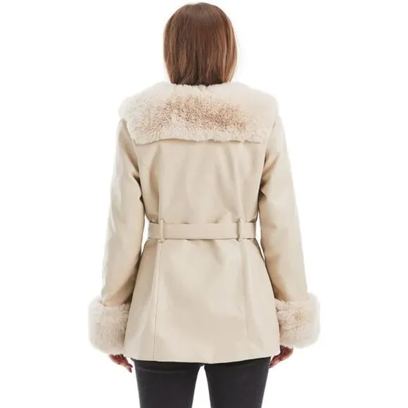 Women's Faux Leather Jacket with Faux Fur Collar Warm Winter Coat with Belt